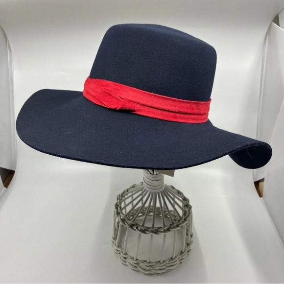 Anthropologie Wool Navy Blue Boater Wide Rim Floppy Hat Festival Boho - Picture 11 of 12